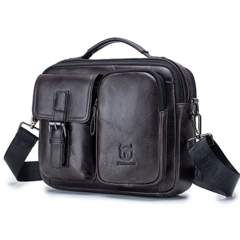 (image for) BULLCAPTAIN Genuine Leather Mens Shoulder Bag Business Crossbody Bag Male Briefcase Messenger Bag Men's Casual Handbags Vintage Flap Clutch Purse Tote